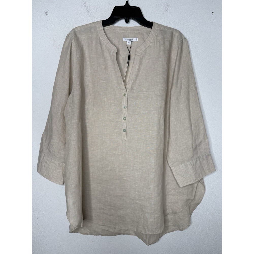 Chicos No Iron 100% Linen Top 3 XL 16 18 Tan Tunic  3/4 Sleeve Beach Vacay NWT‎